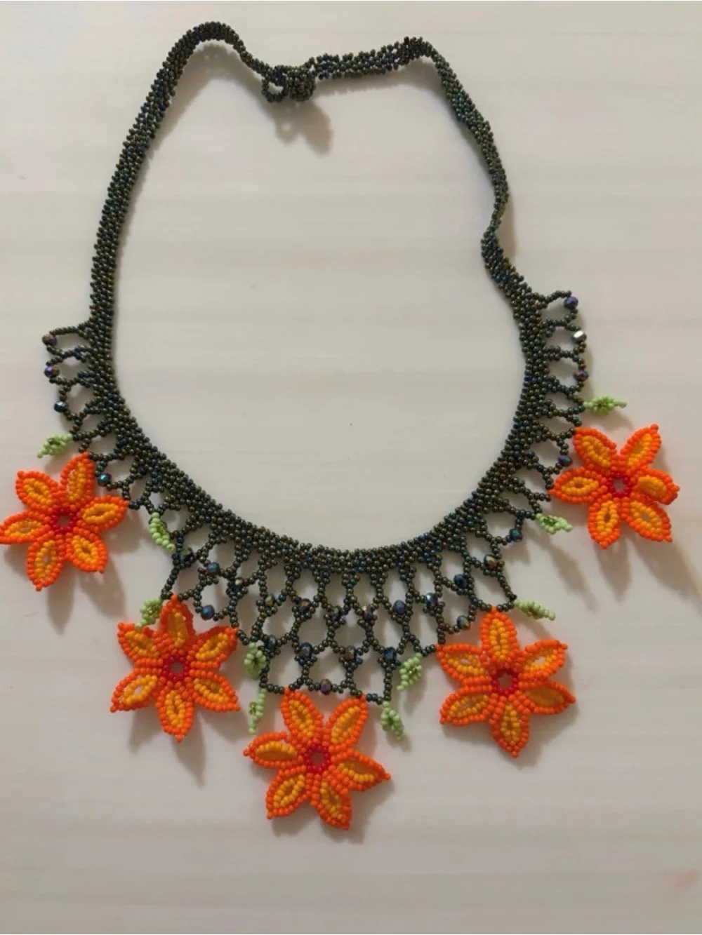 Handmade Orange Beaded Floral Statement Necklace